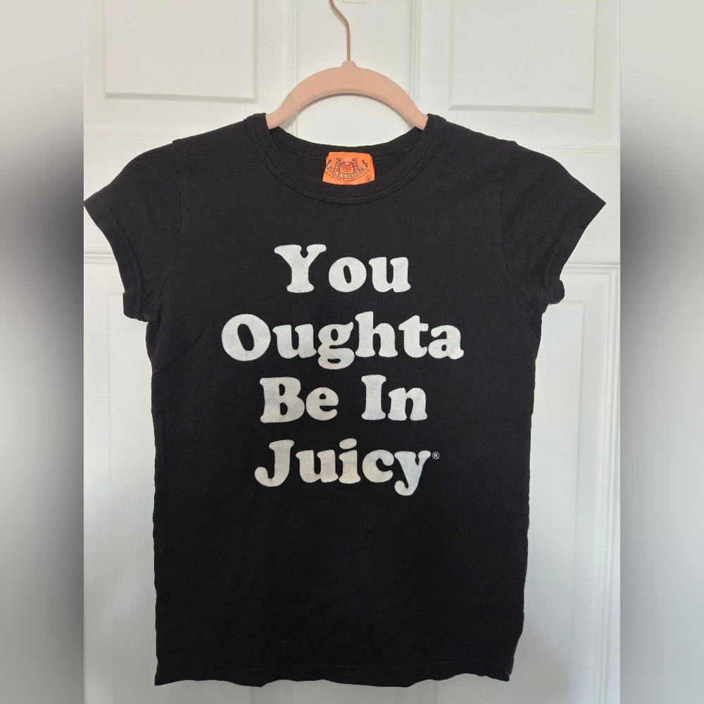 Juicy Couture Y2k Black Baby Tee with White Text Size Small